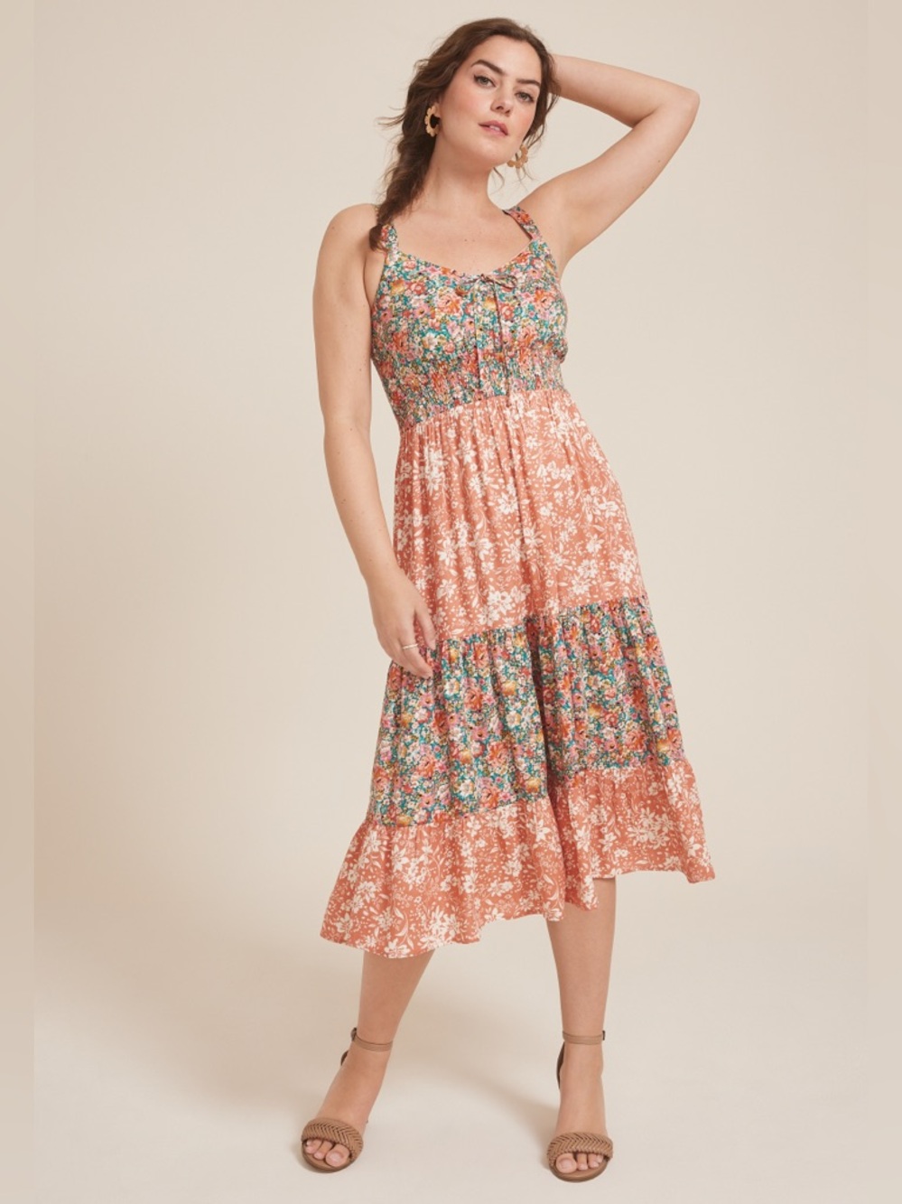 Nwot Maurices Peach Floral Tiered Midi Dress